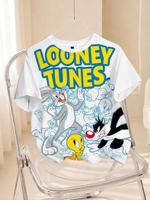 LOONEY TUNES X SHEIN 女款字母卡通印花休閒日常短袖T恤 - 白色 - 查看 1