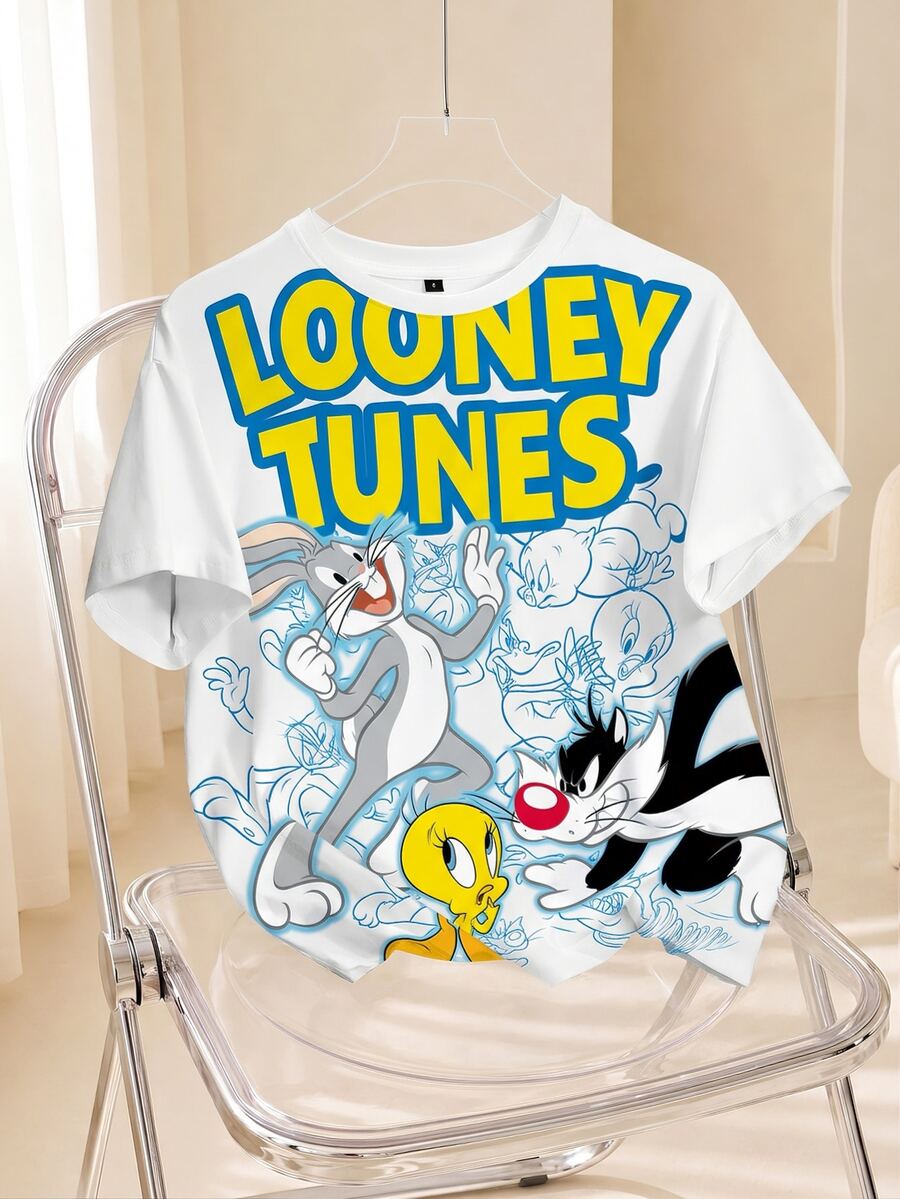 LOONEY TUNES X SHEIN 女款字母卡通印花休閒日常短袖T恤 - 白色 - 查看 1