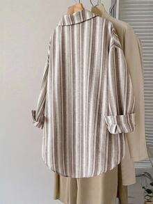 SHEIN LUNE 大尺碼女款條紋長袖單排扣休閒襯衫 - 彩色 - 查看 2