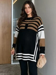 MaterniWear Sweater Hamil Kasual Motif Garis-Garis Blok Warna dengan Belahan Samping, Musim Gugur/Dingin - MultiWarna - View 3