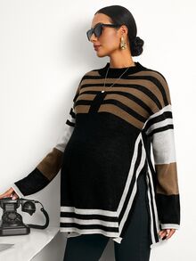 MaterniWear Sweater Hamil Kasual Motif Garis-Garis Blok Warna dengan Belahan Samping, Musim Gugur/Dingin - MultiWarna - View 9