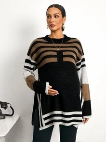 MaterniWear Sweater Hamil Kasual Motif Garis-Garis Blok Warna dengan Belahan Samping, Musim Gugur/Dingin - MultiWarna - View 6