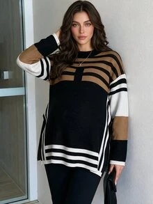 MaterniWear Sweater Hamil Kasual Motif Garis-Garis Blok Warna dengan Belahan Samping, Musim Gugur/Dingin - MultiWarna - View 4