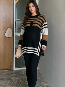 MaterniWear Sweater Hamil Kasual Motif Garis-Garis Blok Warna dengan Belahan Samping, Musim Gugur/Dingin - MultiWarna - View 2