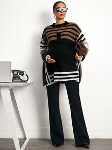 MaterniWear Sweater Hamil Kasual Motif Garis-Garis Blok Warna dengan Belahan Samping, Musim Gugur/Dingin - MultiWarna - View 8