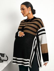 MaterniWear Sweater Hamil Kasual Motif Garis-Garis Blok Warna dengan Belahan Samping, Musim Gugur/Dingin - MultiWarna - View 1