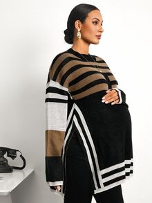 MaterniWear Sweater Hamil Kasual Motif Garis-Garis Blok Warna dengan Belahan Samping, Musim Gugur/Dingin - MultiWarna - View 7