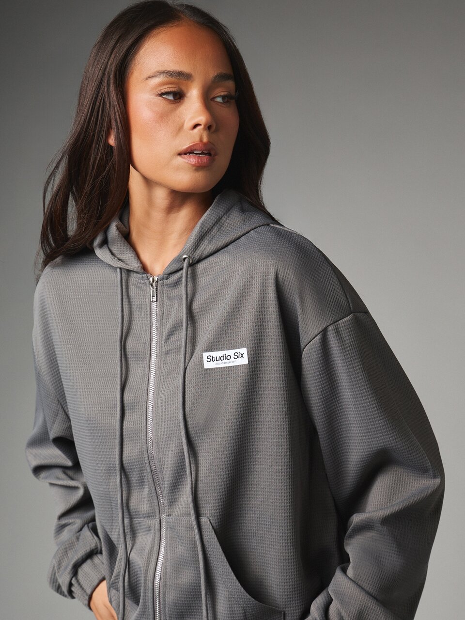 MISSGUIDED Moletom de Tricô Waffle com Zíper Completo, Capuz com Cordão, Ajuste Oversized, Manga Longa, Patch de Etiqueta, Casual, Outono/Inverno, Top de Descanso