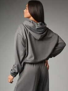 MISSGUIDED Six Waffle Knit Full-Zip Sweatshirt With Drawstring Hood Oversized Fit Long Sleeve Label Patch Casual Autumn Winter Lounge Top - Grey - View 3