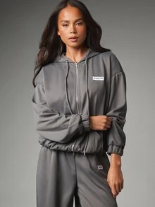 MISSGUIDED Six Waffle Knit Full-Zip Sweatshirt With Drawstring Hood Oversized Fit Long Sleeve Label Patch Casual Autumn Winter Lounge Top - Grey - View 1