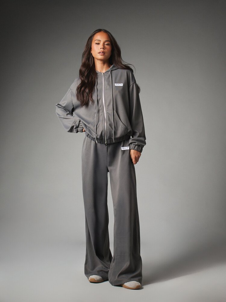 MISSGUIDED Six Waffle Knit Full-Zip Sweatshirt With Drawstring Hood Oversized Fit Long Sleeve Label Patch Casual Autumn Winter Lounge Top - Grey - View 4
