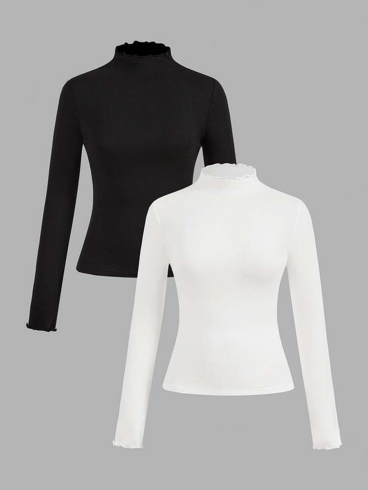 Solflare Plus Size Women Solid Color Stand Collar Long Sleeve T-Shirt Casual Soft Form 2 Pieces Set Formal Vacation Black Autumn - Multicolor - View 2
