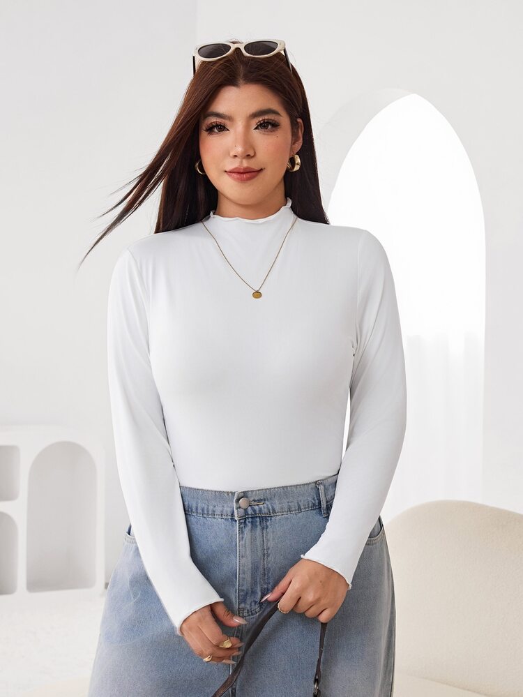 Solflare Plus Size Women Solid Color Stand Collar Long Sleeve T-Shirt Casual Soft Form 2 Pieces Set Formal Vacation Black Autumn - Multicolor - View 3