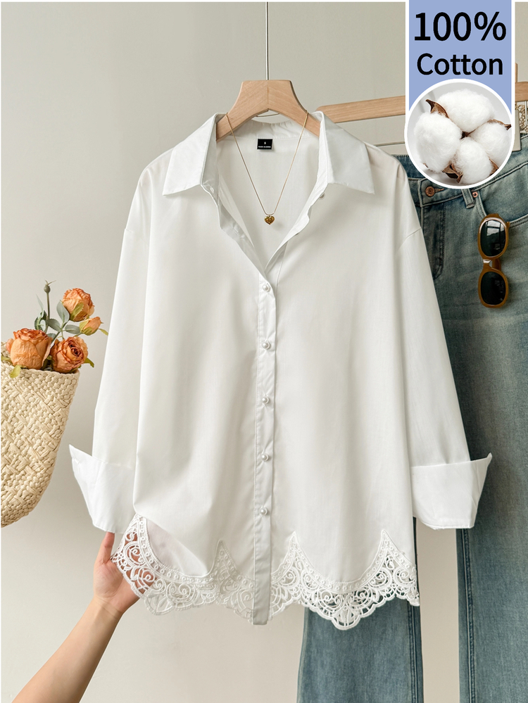 Comfortcana Elegant Women's Spring/Summer 100% Cotton Comfortable Lightweight White Button Down Blouse Versatile - White - View 1