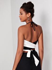 SHEIN ICON Two Tone Backless Criss Cross Crop Halter Top & Shorts - Black and White - View 3