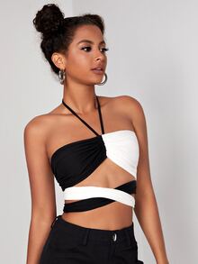 SHEIN ICON Two Tone Backless Criss Cross Crop Halter Top & Shorts - Black and White - View 4
