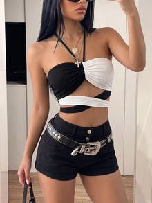 SHEIN ICON Two Tone Backless Criss Cross Crop Halter Top & Shorts - Black and White - View 1
