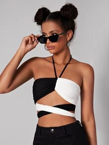 SHEIN ICON Two Tone Backless Criss Cross Crop Halter Top & Shorts - Black and White - View 5