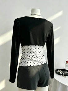 IslaSuriya 拼接百褶休閒百搭日常外出女款上衣 波點上衣 時尚上衣 Y2 服飾 優雅上衣 - 彩色 - 查看 2