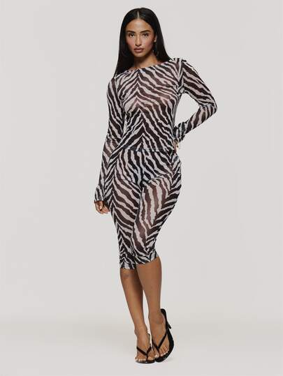 MUSERA Zebra Print Mesh Long Sleeve Top And Low Rise Capri Pants Co Ord Sold As Set Autumn Fall Winter Coolgirl Rave Festival Halloween Ultra M
