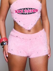 MUSERA Pink Faux Fur Stud Detail Mini Shorts Autumn Fall Winter Coolgirl Rave Festival Halloween Ultra M - Pink - View 2