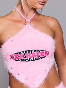 MUSERA Pink Faux Fur Graphic Stud Detail Top Autumn Fall Winter Coolgirl Rave Festival Halloween Ultra M - Pink - View 6