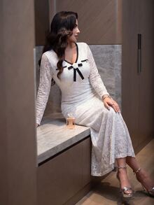 Modelyn Women's Lace Textured Jacquard 3D Floral Fitted Long Sleeve French Elegant Celestial Party Morning Formal Plus Size Dress Wedding All White Autumn - White - View 4