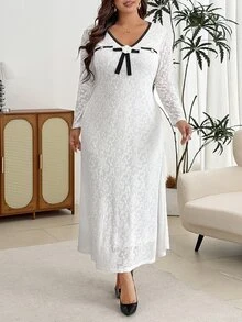 Modelyn Women's Lace Textured Jacquard 3D Floral Fitted Long Sleeve French Elegant Celestial Party Morning Formal Plus Size Dress Wedding All White Autumn - White - View 5