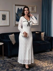 Modelyn Women's Lace Textured Jacquard 3D Floral Fitted Long Sleeve French Elegant Celestial Party Morning Formal Plus Size Dress Wedding All White Autumn - White - View 3