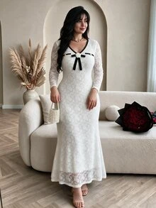 Modelyn Women's Lace Textured Jacquard 3D Floral Fitted Long Sleeve French Elegant Celestial Party Morning Formal Plus Size Dress Wedding All White Autumn - White - View 1