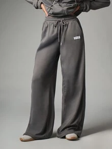 MISSGUIDED Wide Leg Waffle Knit Casual Pants With Drawstring Elastic Waist And Side Pockets Full Length Palazzo Style Loungewear Trousers - Grey - View 6
