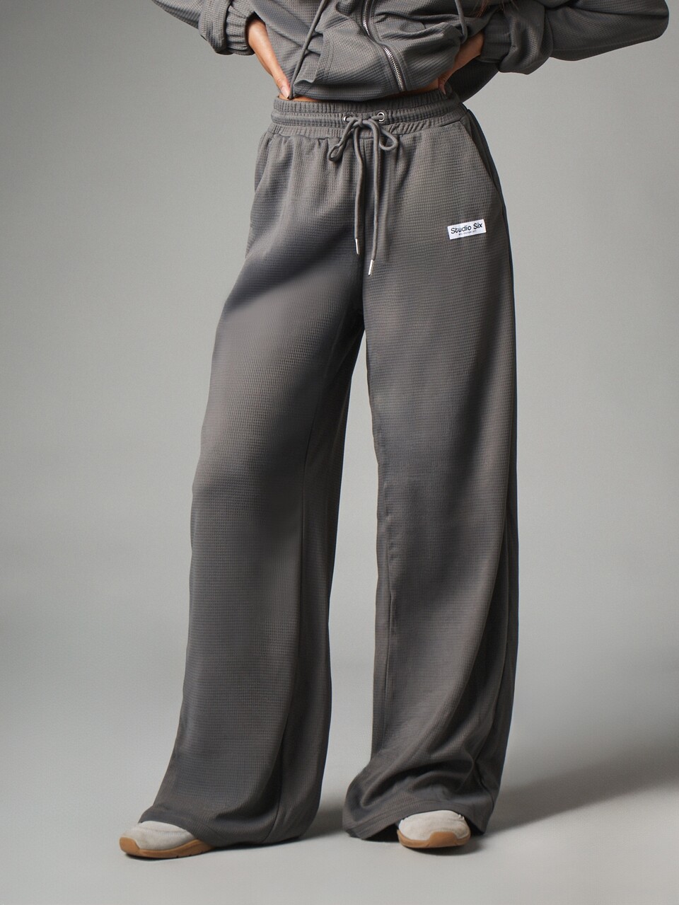 MISSGUIDED Calça Casual de Malha Waffle Perna Larga com Cordão, Cintura Elástica e Bolsos Laterais, Comprimento Total, Estilo Palazzo, Calça de Loungewear
