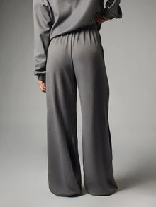 MISSGUIDED Wide Leg Waffle Knit Casual Pants With Drawstring Elastic Waist And Side Pockets Full Length Palazzo Style Loungewear Trousers - Grey - View 3
