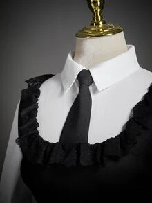 SHEIN ICON Halloween Wednesday 3-Piece Women's Set: Solid Ruffled Sleeveless Top, Long-Sleeved Shirt, And Bodycon Skirt - Black and White - View 4