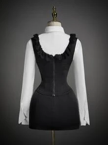SHEIN ICON Halloween Wednesday 3-Piece Women's Set: Solid Ruffled Sleeveless Top, Long-Sleeved Shirt, And Bodycon Skirt - Black and White - View 2