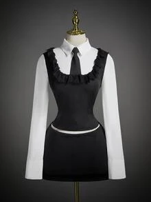 SHEIN ICON Halloween Wednesday 3-Piece Women's Set: Solid Ruffled Sleeveless Top, Long-Sleeved Shirt, And Bodycon Skirt - Black and White - View 7