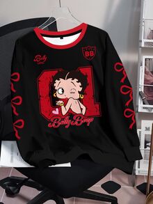 Betty Boop x SHEIN Plus Size Women's Bow Print Long Sleeve Crew Neck Sweatshirt Winter Going Out Graduation Birthday Vacation Black Baggy 90s Streetwear Casual - White - View 3
