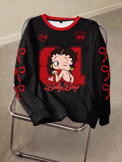 Betty Boop x SHEIN Plus Size Women's Bow Print Long Sleeve Crew Neck Sweatshirt