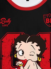 Betty Boop x SHEIN Plus Size Women's Bow Print Long Sleeve Crew Neck Sweatshirt Winter Going Out Graduation Birthday Vacation Black Baggy 90s Streetwear Casual - White - View 6