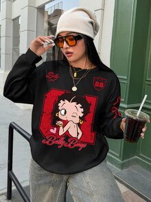 Betty Boop x SHEIN Plus Size Women's Bow Print Long Sleeve Crew Neck Sweatshirt Winter Going Out Graduation Birthday Vacation Black Baggy 90s Streetwear Casual - White - View 4
