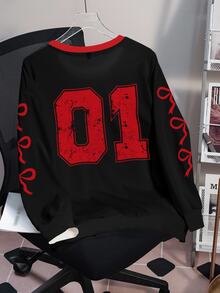 Betty Boop x SHEIN Plus Size Women's Bow Print Long Sleeve Crew Neck Sweatshirt Winter Going Out Graduation Birthday Vacation Black Baggy 90s Streetwear Casual - White - View 2