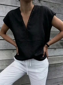 Omancia Women's V-Neck Ruffle Trim Casual Boho Vacation Black Blouse, Summer Vacation - Black - View 5