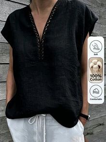 Omancia Women's V-Neck Ruffle Trim Casual Boho Vacation Black Blouse, Summer Vacation - Black - View 4