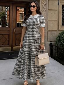 Modelyn 女款優雅1920年代復古法式溫柔風3D花卉領時尚A字修身大尺碼短袖洋裝，白色夏季辦公與晚宴穿搭 - 彩色 - 查看 4