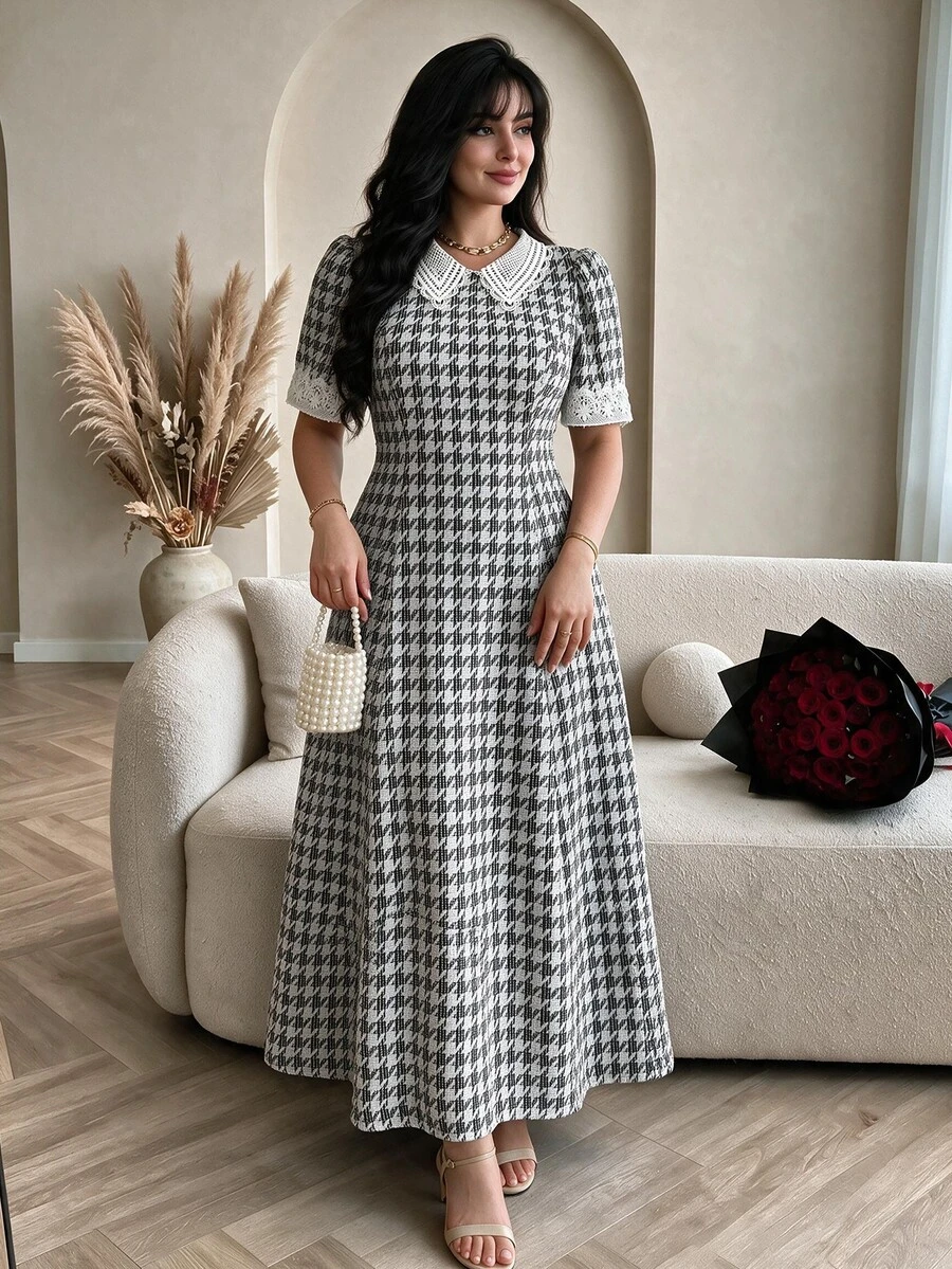 Modelyn 女款優雅1920年代復古法式溫柔風3D花卉領時尚A字修身大尺碼短袖洋裝,白色夏季辦公與晚宴穿搭 - 彩色 - 查看 1