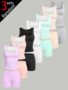 3 (S) Teen Girl Round Neck Sleeveless Shorts Summer Solid White Lavender Black Pink Underwear Set Soft Lightweight Knit Baggy Cute Teen - Multicolor - View 3