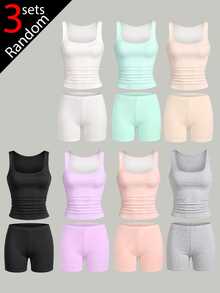 3 (S) Teen Girl Round Neck Sleeveless Shorts Summer Solid White Lavender Black Pink Underwear Set Soft Lightweight Knit Baggy Cute Teen - Multicolor - View 5