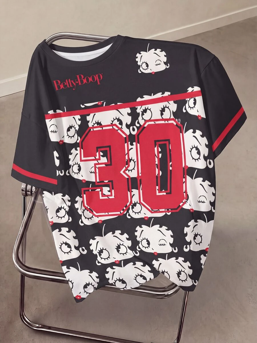 Betty Boop x SHEIN Plus Size Cute Cartoon Graphic Print Crew Neck Short Sleeve T-Shirt - White - View 1