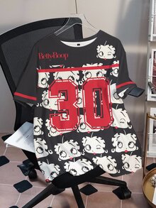 Betty Boop x SHEIN Plus Size Cute Cartoon Graphic Print Crew Neck Short Sleeve T-Shirt - White - View 3