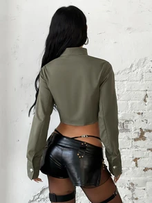 EgrlEra Vintage Streetwear Royal Double-Breasted Short Jacket Slimming Top For Women Night Out Olive Green Autumn - Green - View 2